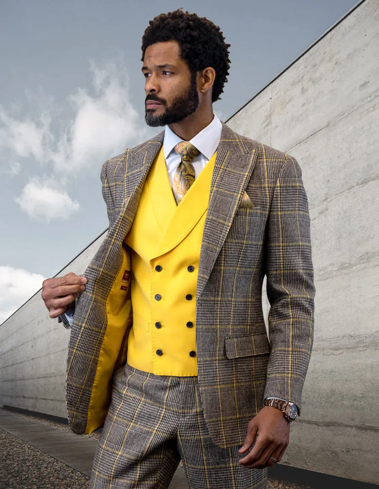 3pc Plaid Suit With Solid Color Contrast Double Breasted Vest.super 180's Italian Wool & Cashmere | BENSON| Banana