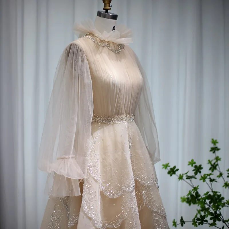 Elegant Champagne Long Sleeve Ruffels Evening Dress SS480