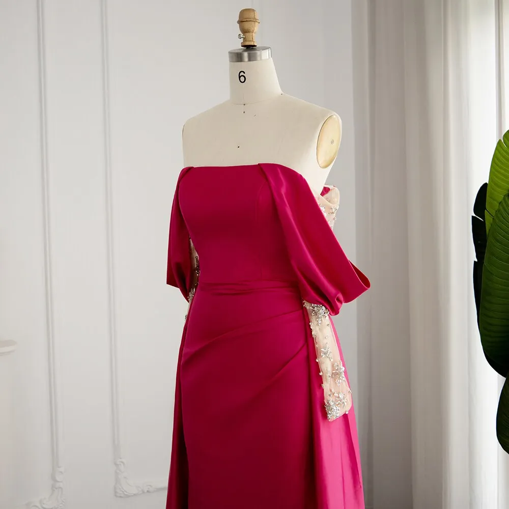 Elegant Off Shoulder Fuchsia Evening Dress with Sleeves SS332