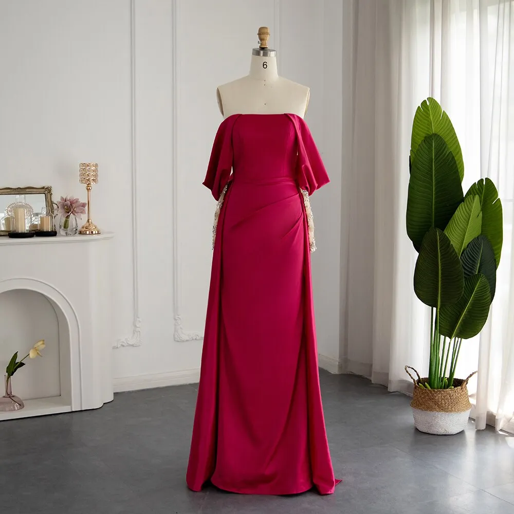 Elegant Off Shoulder Fuchsia Evening Dress with Sleeves SS332