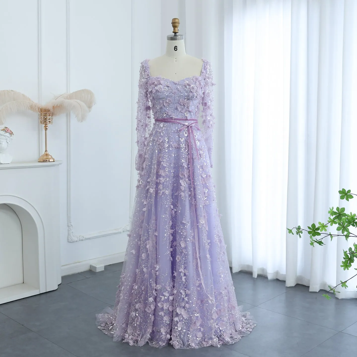 Luxury 3D Flower Gray Long Sleeves Evening Dress SS353